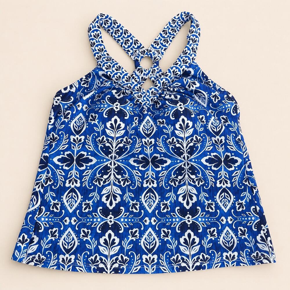 St. John’s Bay Blue White Print Tankini Swim Top Size 8 NWOT